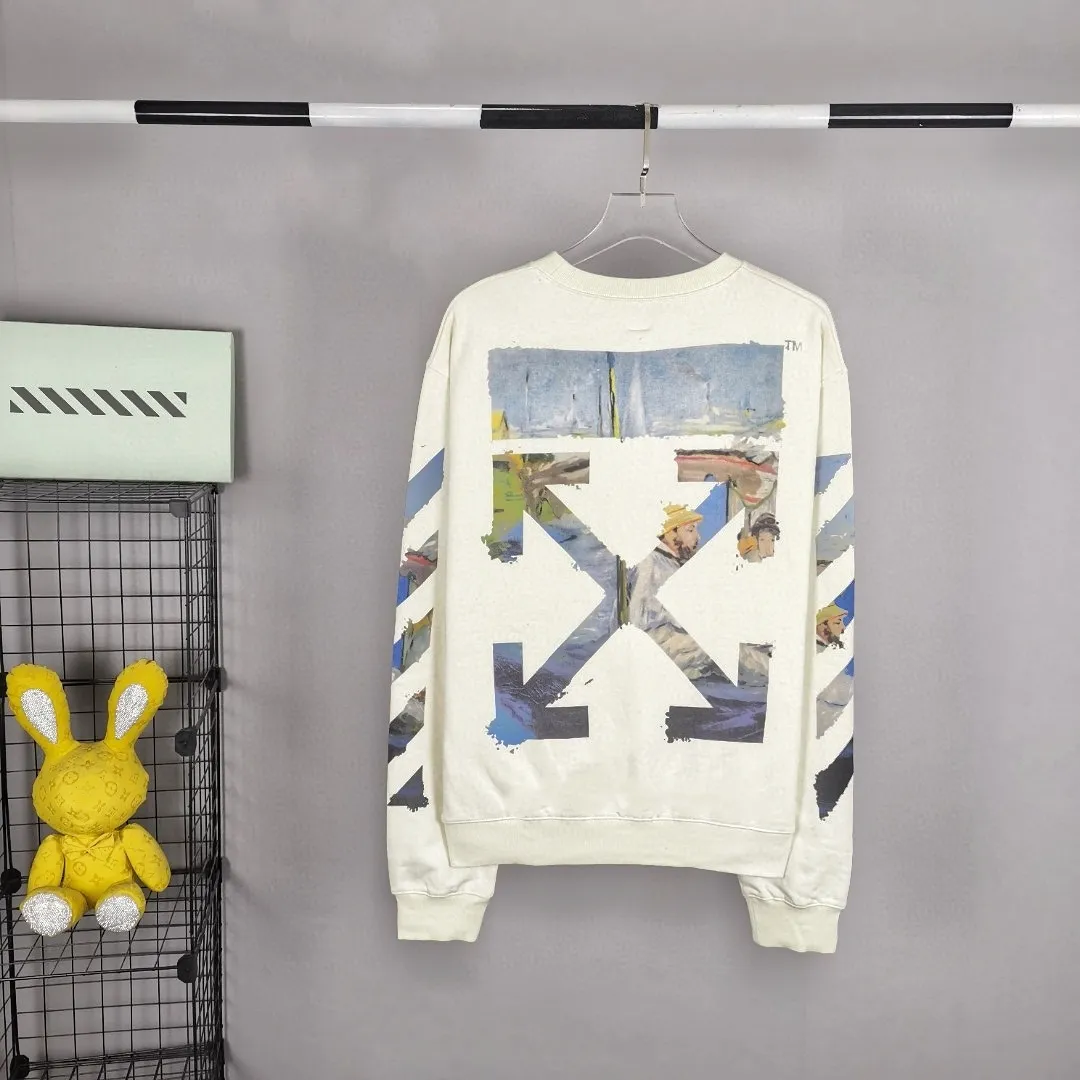 The top tested version OFF WHITE OW, the timeless classic Monet oil painting watercolor graffiti hooded zipper pure cotton loose men and women couples same style round neck sweatshirt overseas hot style, celebrity same style upper body, classic and beautiful oil painting style! World treasures, top famous paintings, walking works of art!  A good product starts with the fabric of the clothes. Our fabrics are pre-shrunk with epoxy water before leaving the fabric factory. After the fabrics are dried, they will have a light fragrance. Who can do this? The printing uses an imported 16-head white ink color drawing integrated direct printing machine + discharge dyeing process, which is completely consistent with zip. It effectively guarantees the perfect printing texture and visual effect. The multi-layered hollow points in the printing pattern are all manually modified, and the alignment is consistent to identify the first eye-catching point.   From the beginning of 2019 to now, a total of 100,000+ have been shipped. It can be said that this model is made to perfection. The basic purchase price for foreign purchasing agents is 50+, and the repurchase rate is 100%. The details, fabrics, and printing can be said to be completely restored, a true top version!  Let’s talk about the reason for 100,000+ sales! First, you can see the products we make, and all the identification details are in place. 1. The 4 hollow points on the printed character hat are identification details. During the scan, many manual modifications were required, and a hollow point was exposed, which was a fake at first glance. This is hollow, not black dot printing. 2. Printing is a combined process of discharge dyeing + direct injection! Both the black and white prints can be pulled apart, and the prints will not be damaged by loosening and rebounding. The dye is completely integrated into the fabric. 3. The fabric is 480 grams of custom-dyed fish scale terry cotton fabric, which has an excellent hand feel. 4. The collar label is embossed and has a hand-feeling effect! Definitely not an embroidery label, nor a blue label. 5. The tag rope is hung vertically from the collar. The rope is 120CM long, not a side rope. It is full of details. 6. Details, the main picture is actually shot. If you are worried about what you have seen, you can directly compare it with the pictures of my home and the official website. Fearless of all comparisons. 7. Customized pull tabs with engravings and hat rope bells with engravings! These are the details of the identification.   Size: XS-L Color: Black Off-White P:360